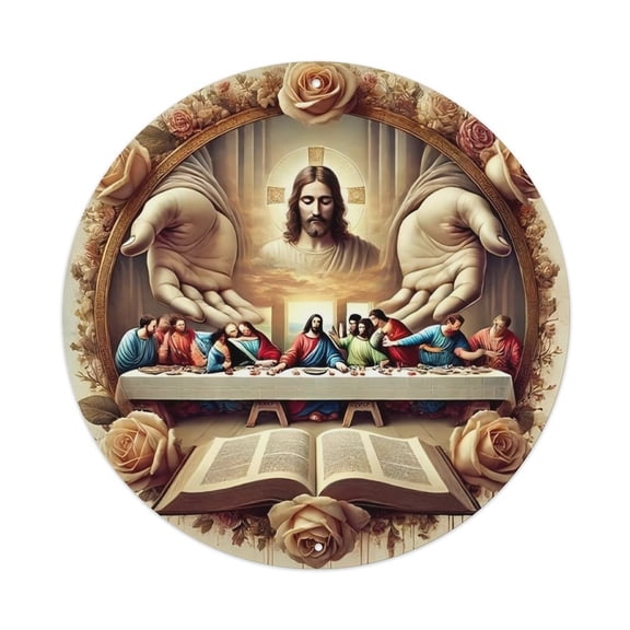 8 Inch Round Christian The Last Supper Metal Sign, Bible and Roses Framed Wall Art Plaque, Rust-Proof Weatherproof Decor for Church, Home, Religious Space