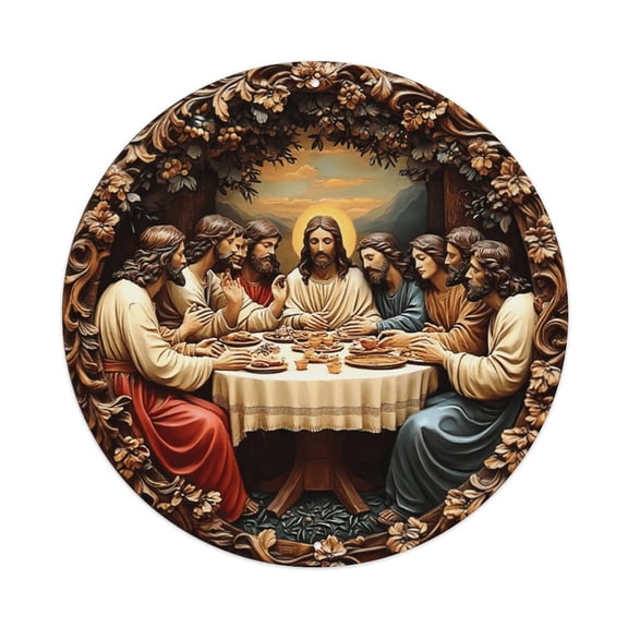 8 Inch Round Christian The Last Supper Metal Sign, Floral Framed Wall Art Plaque, Rust-Proof Weatherproof Decor for Church, Home, Religious Space