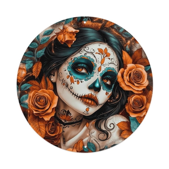8 Inch Round Day of the Dead Sugar Skull Metal Sign, Wall Art Plaque, Rust-Proof Weatherproof Decor for Halloween, Home, Altar