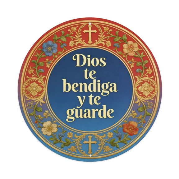 8 Inch Round Dios te bendiga y te guarde Metal Sign, Red and Blue Ornate Floral Religious Wall Art Plaque, Rust-Proof Weatherproof Decor for Church, Home, Prayer Room