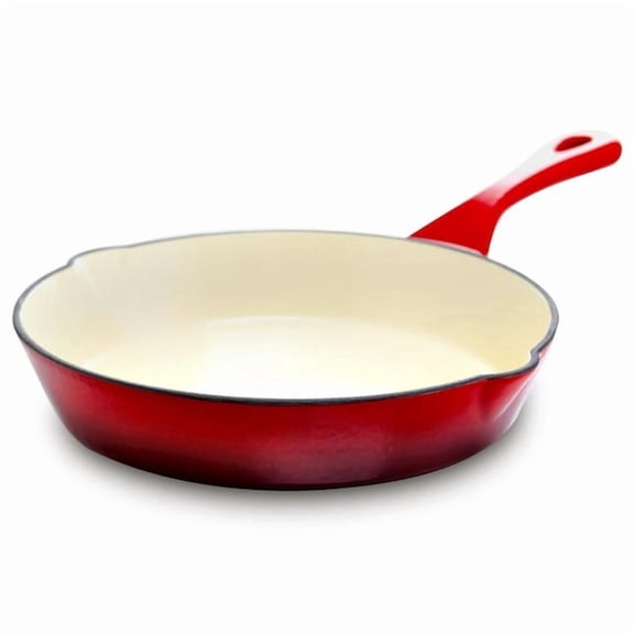 8-Inch Round Enameled Cast Iron Skillet with Pour Spouts, Scarlet Red