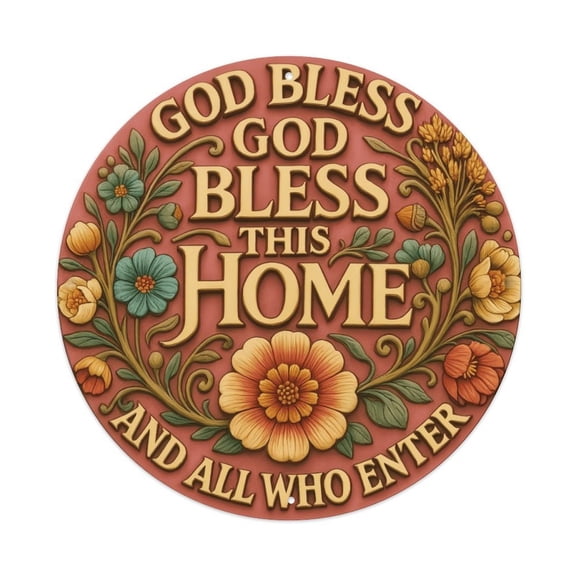 8 Inch Round God Bless This Home Metal Sign, Embossed Floral Christian Home Blessing Wall Art Plaque, Rust-Proof Weatherproof Decor for Entryway, Porch, Living Room