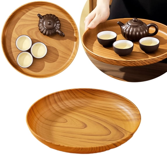 YSKING Round Wood-Grain Plastic Serving Tray, 8 Inch