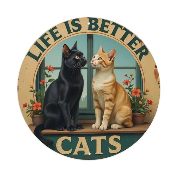 8 Inch Round "Life Is Better With Cats" Metal Sign, Rustic Floral Cat Wall Art Plaque, Rust-Proof Weatherproof Decor for Cat Room, Home, Entryway, Pet Space