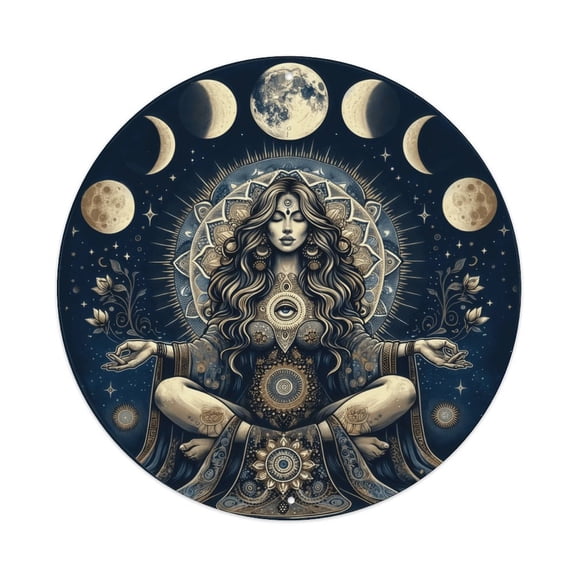 8 Inch Round Mystical Moon Goddess Metal Sign, Third Eye and Boho Floral Wall Art Plaque, Rust-Proof Weatherproof Decor for Spiritual Room, Bedroom, Yoga Studio