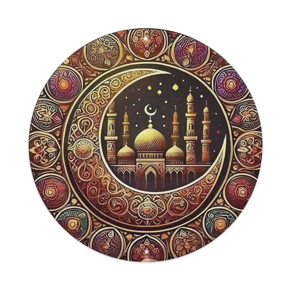 8 Inch Round Ornate Mosque Metal Sign, Bohemian Arabic Pattern Wall Art Plaque, Rust-Proof Weatherproof Decor for Home, Mosque, Religious Space