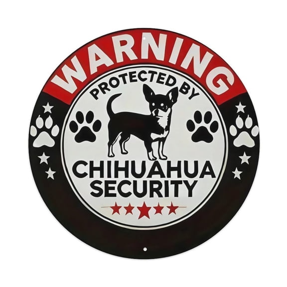 8 Inch Round Retro "Chihuahua Security" Metal Sign, Black and White Dog Warning Wall Art Plaque, Rust-Proof Weatherproof Decor for Yard, Gate, Fence, Home