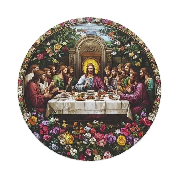8 Inch Round Vibrant Floral Last Supper Metal Sign, Jesus and Disciples Wall Art Plaque, Rust-Proof Weatherproof Decor for Church, Home, Prayer Room, Christian Gift