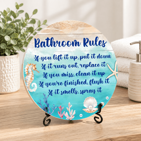 8 Inch Round Wooden Beach Bathroom Rules Sign with Iron Stand