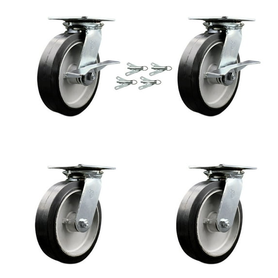 8 Inch Rubber on Aluminum Caster Set with Roller Bearing 4 Swivel Lock 2 Brake