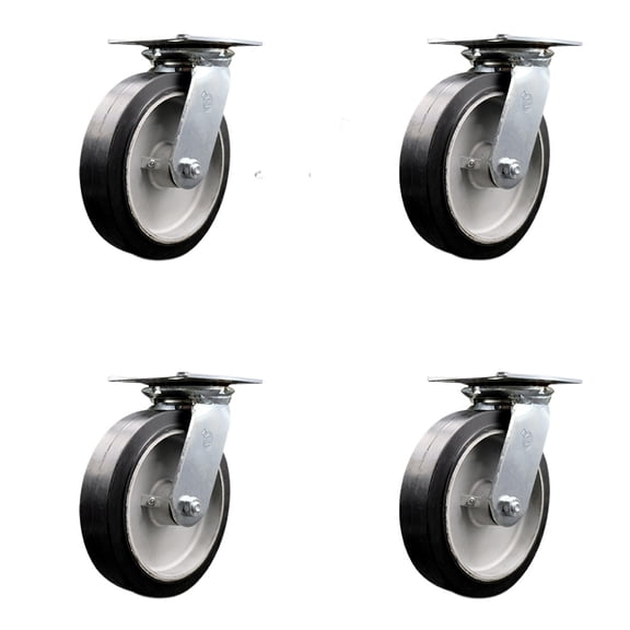 8 Inch Rubber on Aluminum Caster Set with Roller Bearings and Swivel Locks SCC