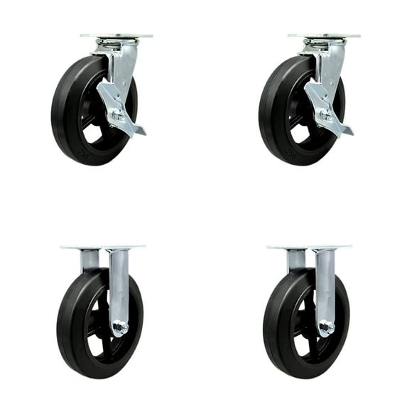 8 Inch Rubber on Steel Caster Set with Roller Bearings 2 Brakes 2 Rigid SCC