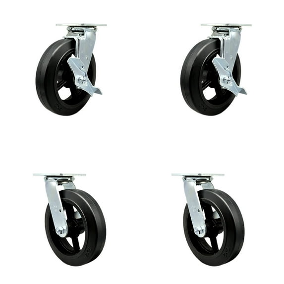 8 Inch Rubber on Steel Caster Set with Roller Bearings 4 Swivel Lock 2 Brake SCC