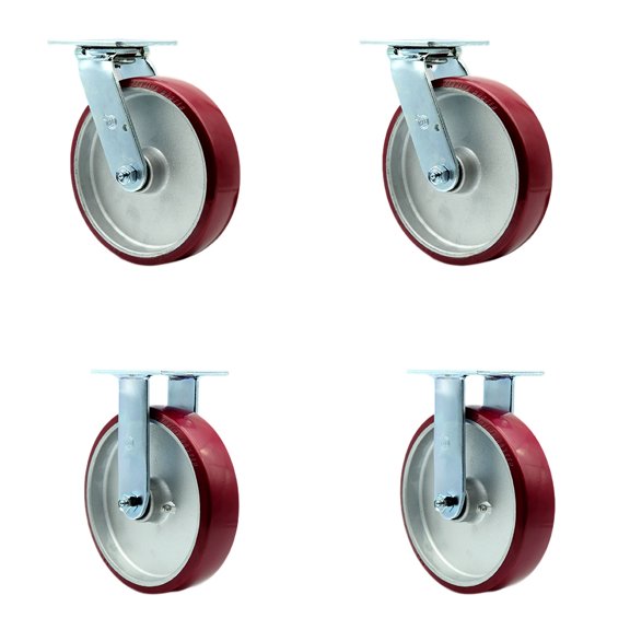 8 Inch SS Poly on Aluminum Caster Set with Ball Bearings 2 Swivel Locks 2 Rigid