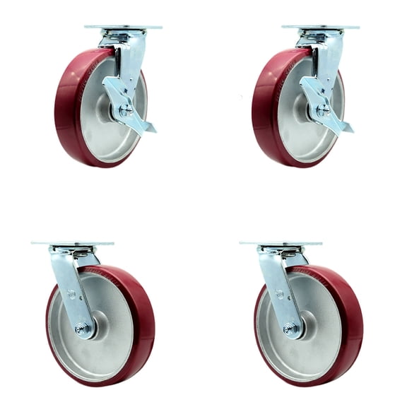 8 Inch SS Poly on Aluminum Caster Set with Delrin Bearings 4 Swivel Lock 2 Brake