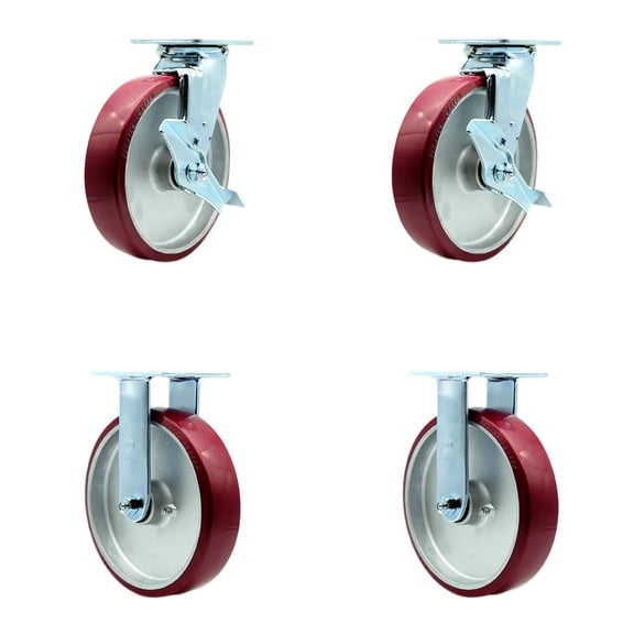 8 Inch SS Poly on Aluminum Caster Set with Roller Bearings 2 Brakes 2 Rigid SCC
