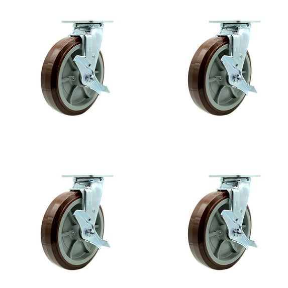 8 Inch SS Polyurethane Swivel Caster Set with Ball Bearings and Brakes SCC