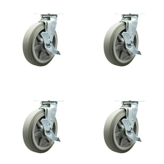 8 Inch SS Thermoplastic Caster Set with Roller Bearing 4 Brake 2 Swivel Lock SCC