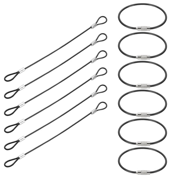0.6Ft(8 Inch) Safety Cable Lock, 6 Pcs 0.08 Dia Braided Stainless Steel Coated Security Cable Luggage Lock Wire Rope with Double Loop for Luggage Bicycles Doors Packages, Black