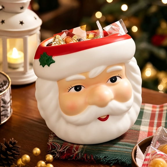 8 Inch Santa Claus Face Ceramic Candy Bowl, Vintage Santa Head Storage Jar, Christmas Tabletop Decor Container for Holiday Party Kitchen Counter Mantel Decoration