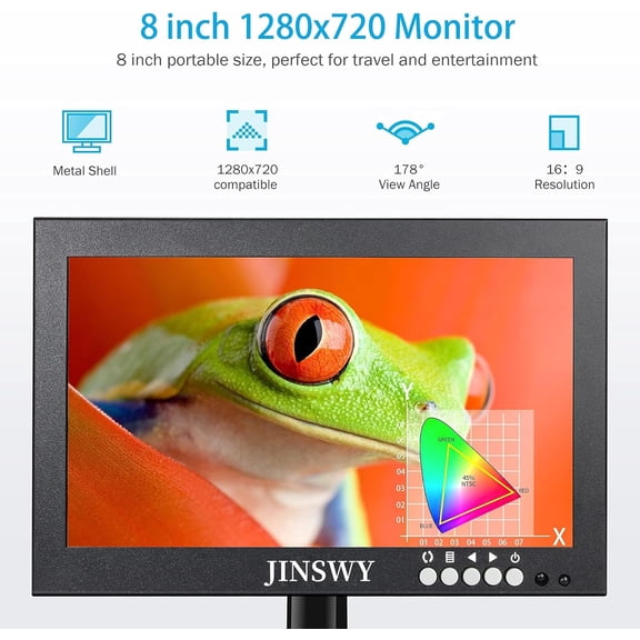 8 Inch Security Monitor with IPS Screen, 1280x720 HD Portable Display for CCTV, VGA AV BNC Input, Built-in Speakers & Remote