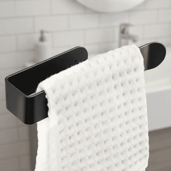 8-Inch Self-Adhesive U-Shape Bathroom Towel Rack, Rustproof Aluminum Wall-Mounted Bar for Hand Towels, Easy Stick-On Installation in Black Finish