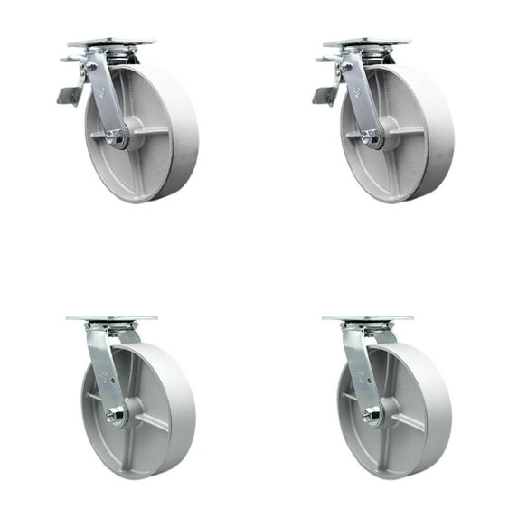 8 Inch Semi Steel Caster Set with Ball Bearings 2 Brakes 2 Swivel Locks SCC
