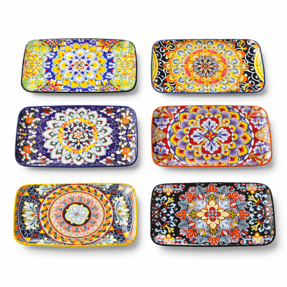 8 Inch Set of 6 Rectangular Bohemian Porcelain Serving Platters