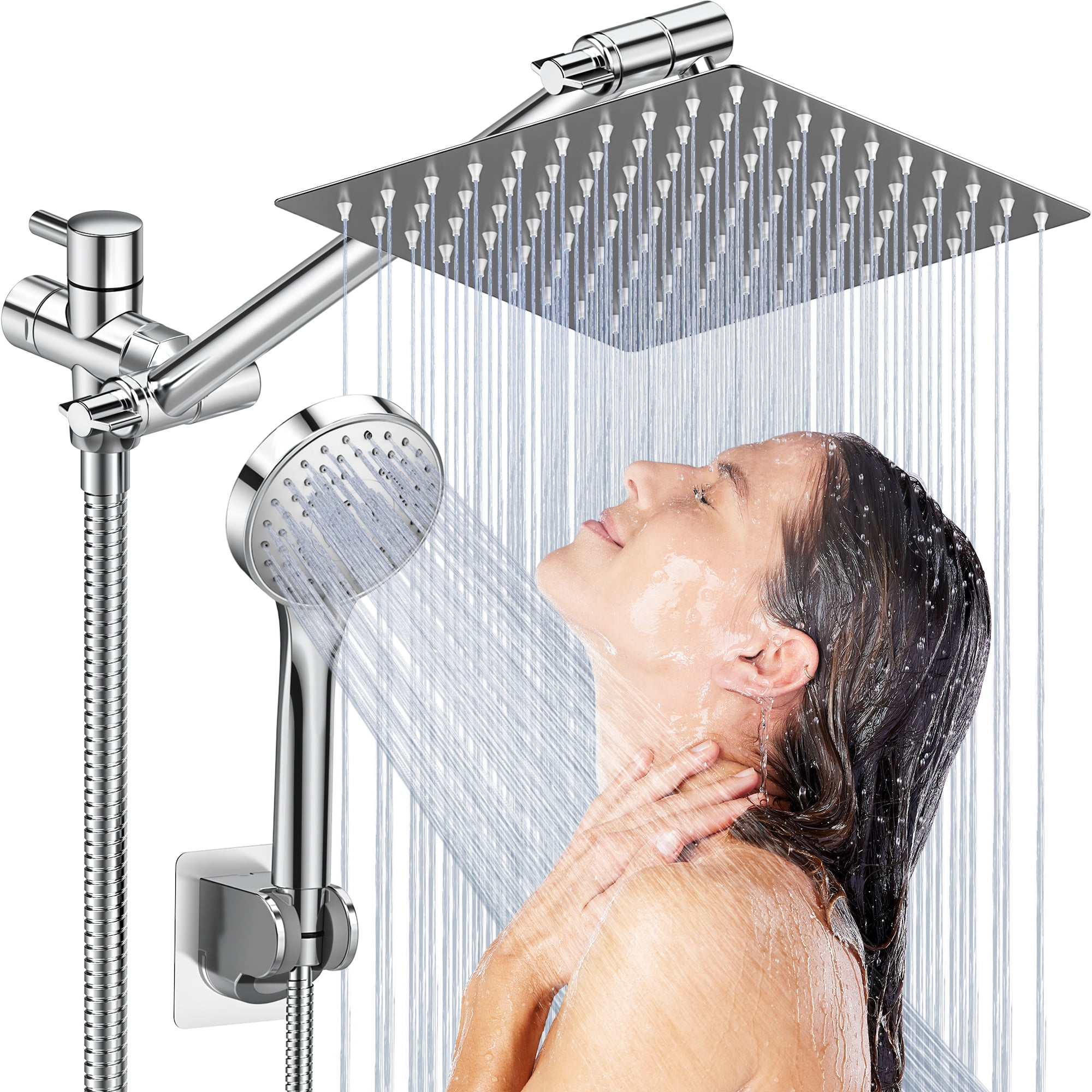 Cshidworld 8 Inch Dual Shower Head Combo with 11" Extension Arm, 5 Settings Adjustable Anti-leak High Pressure Shower Head with 59" Hose, Height/Angle Adjustable Anti-Clog Nozzles, Silver Chrome