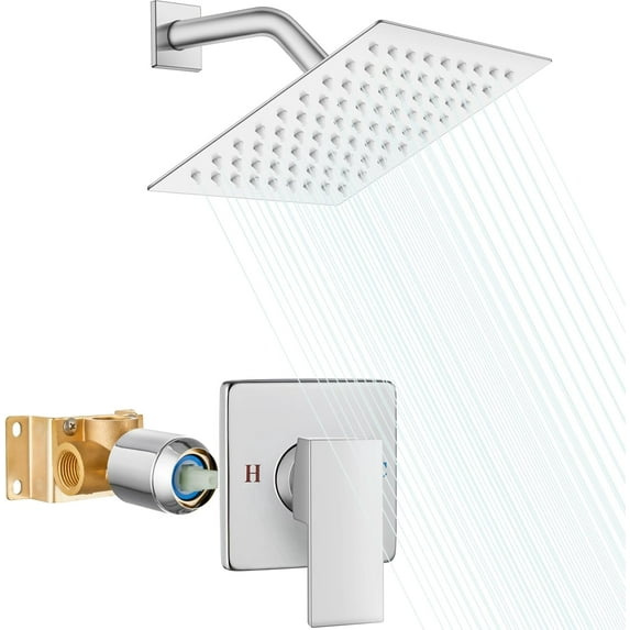 8 Inch Shower Head and Handle Set Square Shower Faucet Set Bathroom Rainfall Shower System Stainless Steel Showerhead Single Function Shower Trim Kit,Female Thread Valve,Polished Chrome