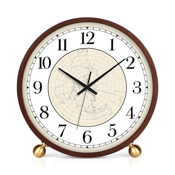 8 Inch Silent Non-Ticking Wooden Table Clock, Battery Operated Round Desk Clock for Living Room, Office, and Bedroom Decor (Log-Map)