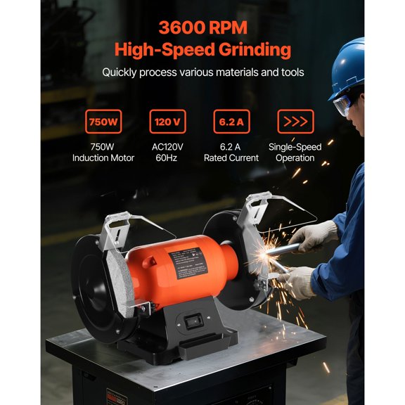 8-Inch Single Speed Bench Grinder 3450 RPM High Speed Table Grinder with 750W 6.2A Induction Motor 36/60 Grit Grinding Wheel and Adjustable Eye Shield for Fast Sharpening Grinding