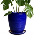 thumbnail image 1 of 8 Inch Small Ceramic Pot with Tray for Fall Centerpiece, Glossy Blue Halloween Planter for Tabletop, Modern Indoor Flower Pot, 1 of 7
