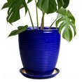 thumbnail image 1 of 8 Inch Small Ceramic Pot with Tray for Fall Centerpiece, Glossy Blue Halloween Planter for Tabletop, Modern Indoor Flower Pot, 1 of 7