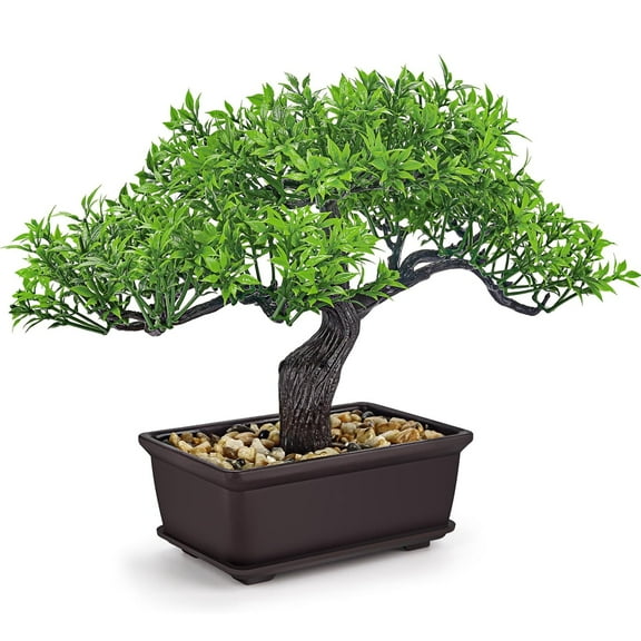 8 Inch Small Fake Bonsai Tree Artificial Potted Plants Lifelike Zen Japanese Faux Greenery for Home Office Desk Bathroom Shelf Table Decor