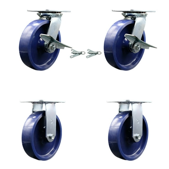 8 Inch Solid Poly Caster Set 2 Brakes/Swivel Locks and 2 Rigid Service Caster