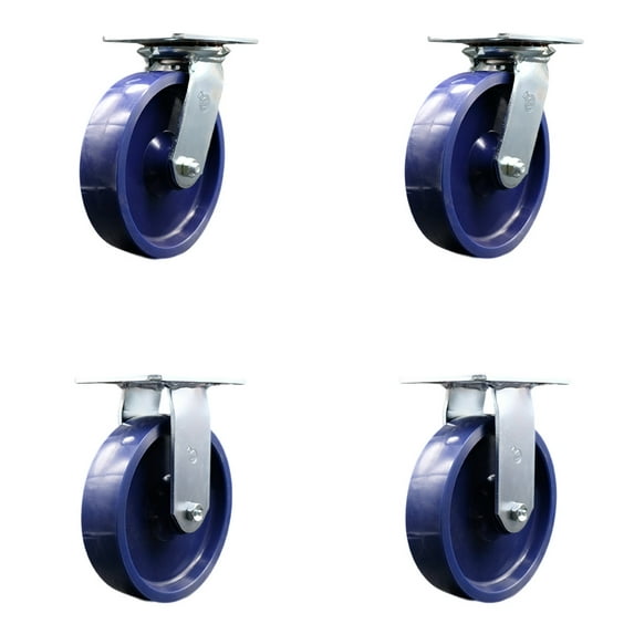 8 Inch Solid Poly Caster Set with Roller Bearings 2 Swivel 2 Rigid SCC