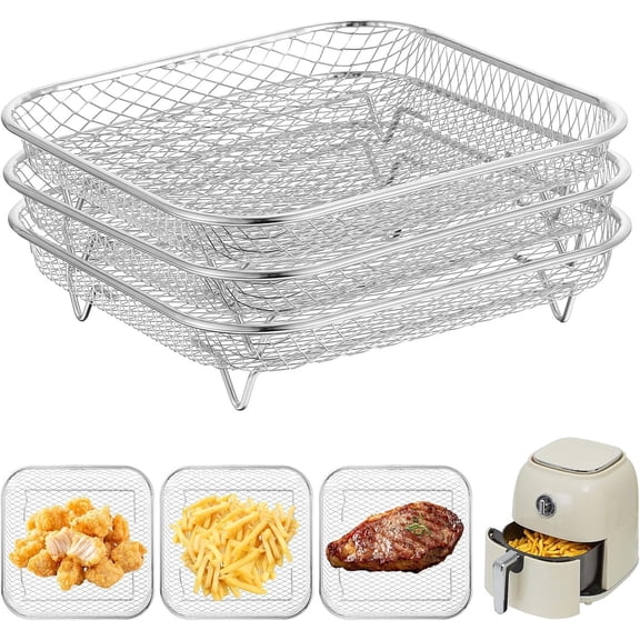 8 Inch Square Air Fryer Basket,3 Pcs Stackable 304 Stainless Steel Basket Dehydrator 3-tier Rectangle Air Fryer Rack Square Pots Vortex Grilling Accessories,inner size>8.5inch