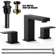 TVOFEK Matte Black Bathroom Faucets for 3 Hole, 8 inch Square Widespread 2 Handle Vanity Bathroom Faucet with Metal Pop up Drain and 1.2 GPM Aerator, Lead-Free