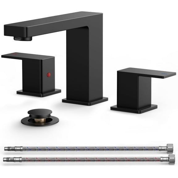 TVOFEK Bathroom Faucets 8 inch Widespread, Matte Black 3 Hole Sink Faucet with Metal Pop up Drain, 2 Handle Vanity Faucet, 1.2 GPM Aerator