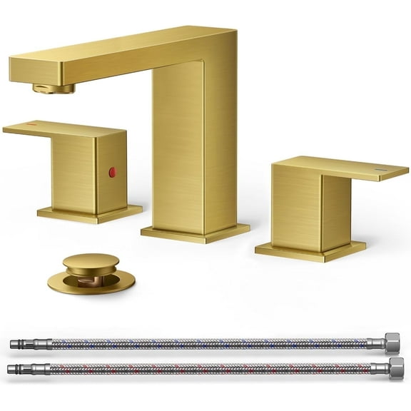 Bathroom Faucets Gold 8 Inch Widespread 3 Hole Sink Faucet with Metal Pop Up Drain, 2 Handle 1.2 GPM Aerator