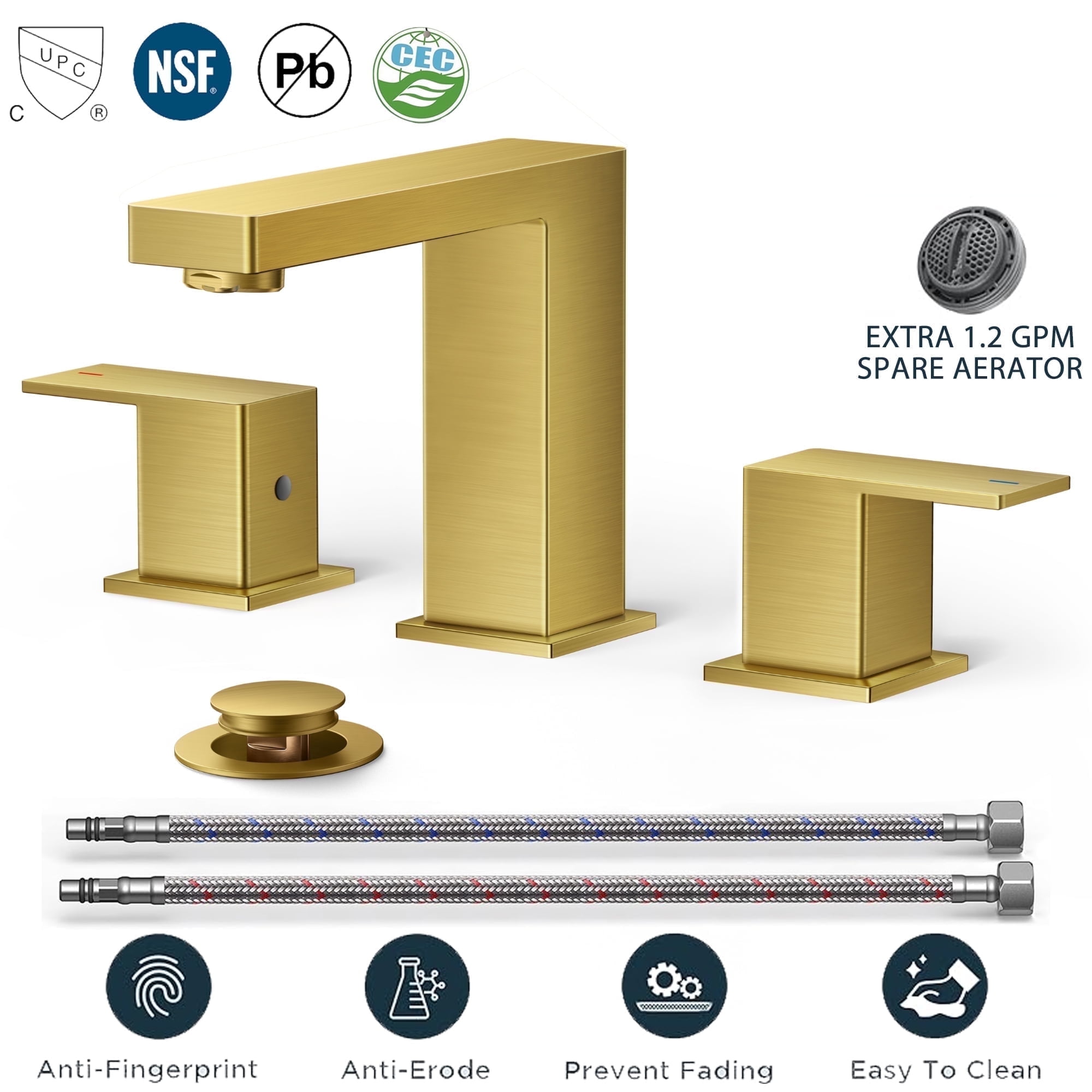 TVOFEK Brushed Gold Bathroom Faucets for 3 Hole, 8 inch Square Sink Faucets with Metal Pop up ...