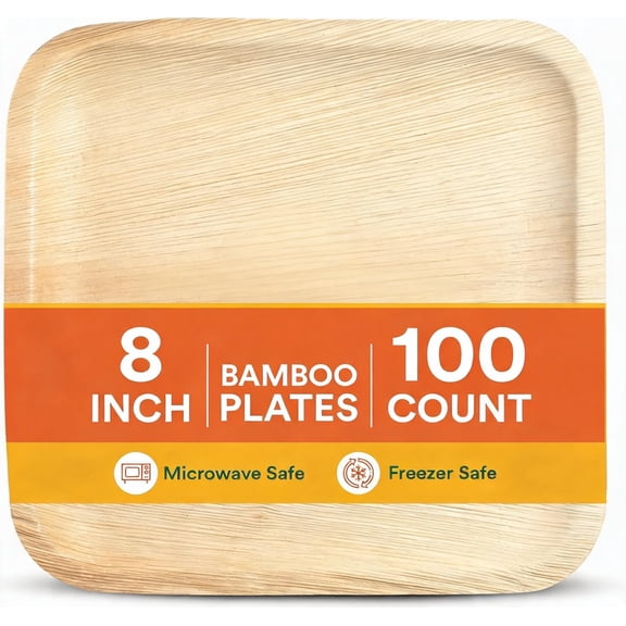 8 Inch Square Disposable Bamboo Plates (100 Pack)