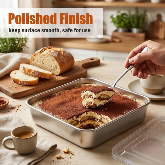 8-Inch Stainless Steel Baking Pan with Lid & Rack - 8x8 Sheet Cake Pan for Brownies, Casseroles, Roasting, Toaster Oven, Nonstick Dishwasher Safe