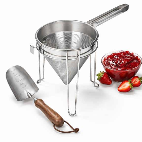 8 Inch Stainless Steel Chinois Strainer With Stand and Pestle for Cooking