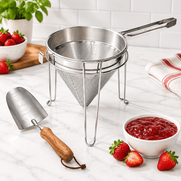 8 Inch Stainless Steel Chinois Strainer with Stand and Pestle for Cooking and Food Prep