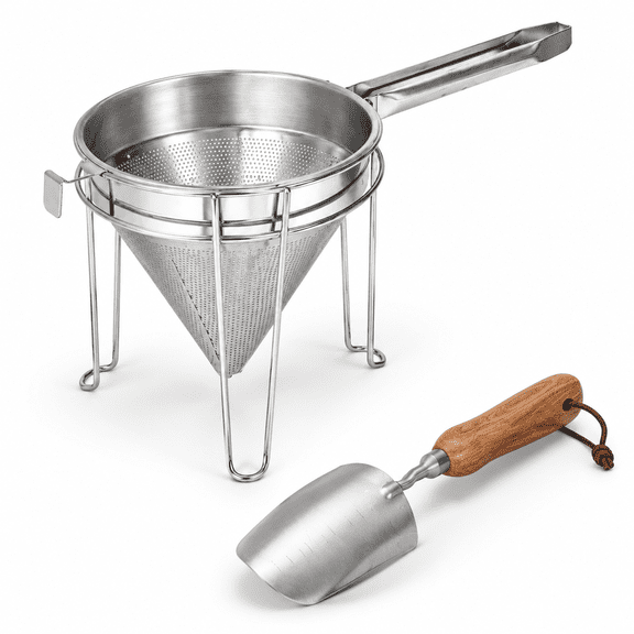 8 Inch Stainless Steel Chinois Strainer with Stand and Pestle for Cooking