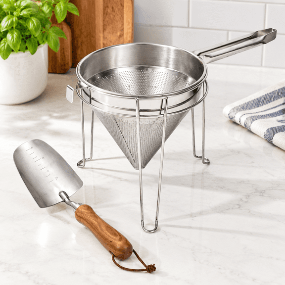 8 Inch Stainless Steel Chinois Strainer with Stand and Pestle for Cooking