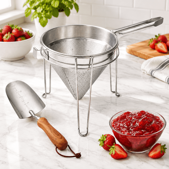 8 Inch Stainless Steel Chinois Strainer with Stand and Pestle for Cooking