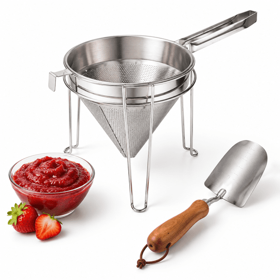 8 Inch Stainless Steel Chinois Strainer with Stand and Pestle for Cooking